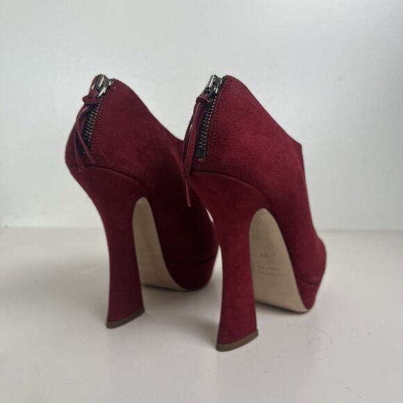 Miu Miu Peep Toe Platform Booties 7 37 Wine Red Suede Funky High Heels Statement - Picture 10 of 12